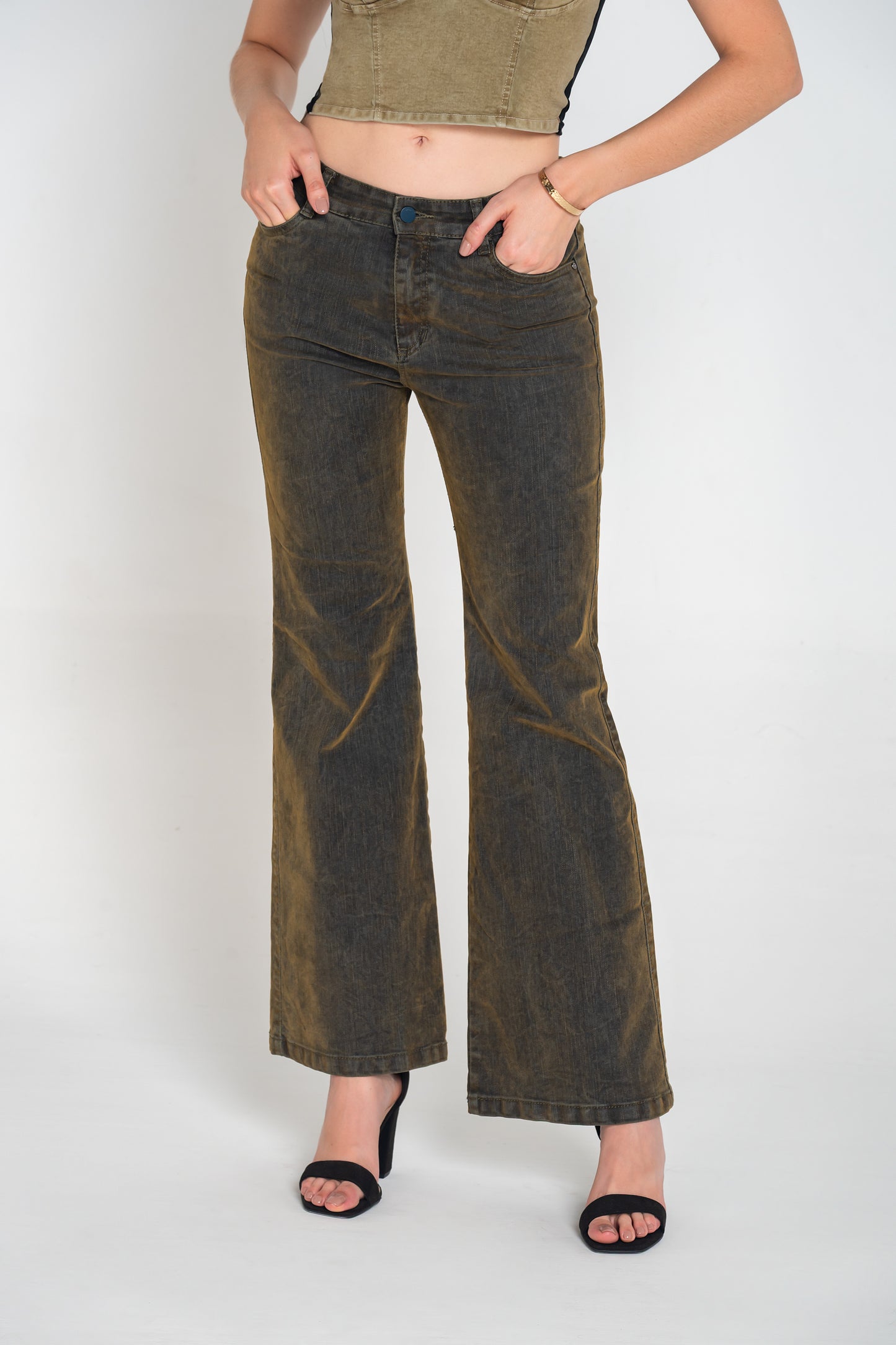 Pantalón Tiro Alto 1 Botón - Bota Palazzo  - Tela Gamuzada Denim Ref 1813