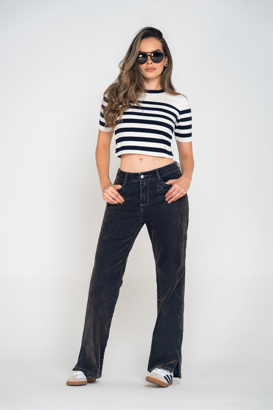 Pantalón Tiro Alto 1 Botón - Bota Palazzo  - Tela Gamuzada Denim Ref 1835