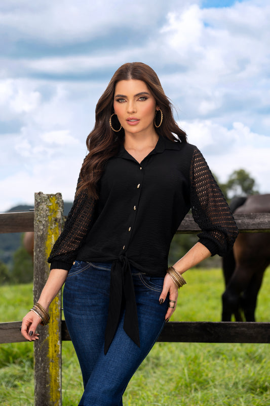Blusa Negra Chalis con Mangas Tejidas Ref A-748