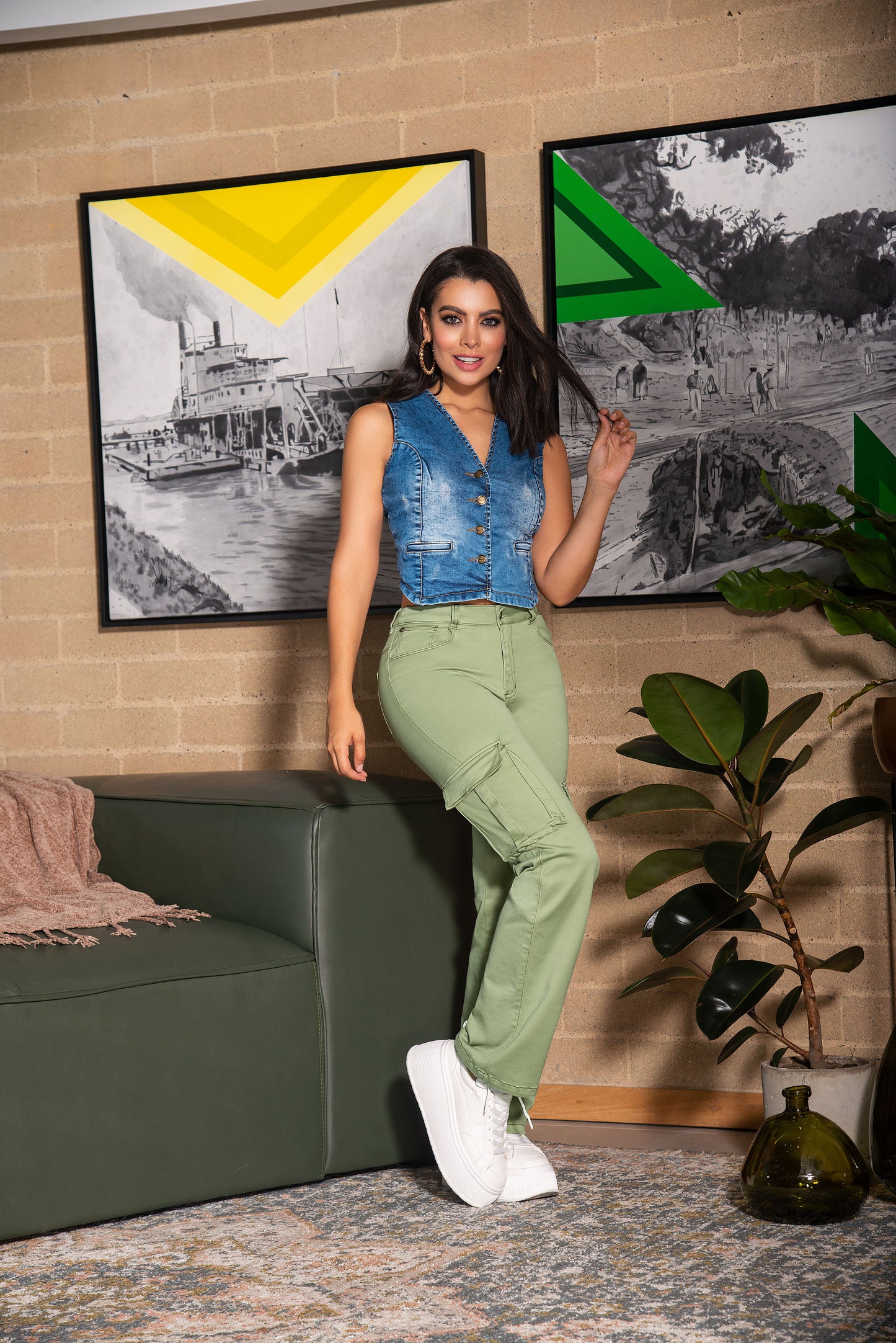 Pantalon Cargo Tiro Alto - Bota Palazzo - Verde Militar Ref 1420