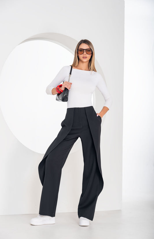 Pantalón Tiro Alto 1 Botón - Bota Palazzo  - Tela Lino Liviano Negro Ref R-019